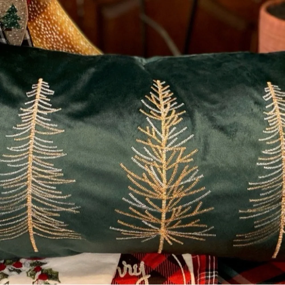 Green Holiday Rectangle Pillow with Gold Tree Embroidery